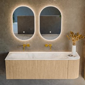 Mondiaz Kurve-dlux 145cm badmeubel ronding rechts oak met 1 lade en deur en wastafel big large links zonder kraangat frappe