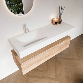 Zaro Alan badmeubel 130cm washed oak 1 lade met vrijhangende wastafel cloud links 1 kraangat talc
