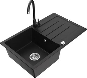 Mexen Bruno granieten spoelbak 1-komers met afdruiprek en Telma keukenkraan, zwart - 6513-77-670200-70