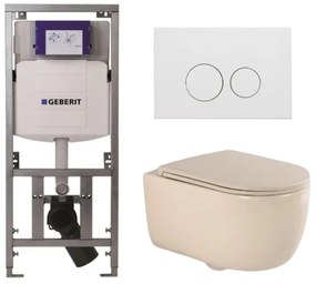 QeramiQ Dely Swirl Toiletset - 36.3x51.7cm - Geberit UP320 inbouwreservoir - slim zitting - mat witte metalen bedieningsplaat - ronde knoppen - beige 0701131/SW706190/SW1000770/SW1026259