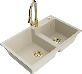 Mexen Tomas granieten gootsteen met 2 kamers en keukenmengkraan Elia, beige - 6516-69-670101-50
