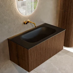 Mondiaz Kurve 90cm badmeubel walnut met 1 lade en wastafel big small midden zonder kraangat urban