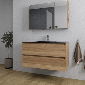 Adema Chaci Badkamermeubelset - 100x46x57cm - 1 keramische wasbak zwart - 1 kraangat - 2 lades - Spiegelkast - eiken SW1212774/SW1212817/SW812072/SW761656