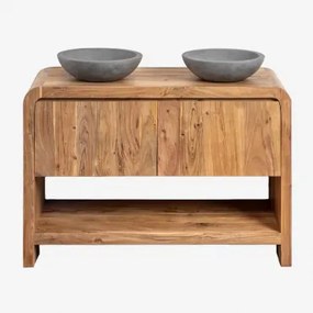 Vacry Houten Badkamermeubelset Acacia Bruin & 2 X Ronde Grijze Cement Ø40 Cm Tarsis & Spiegelloze & Zonder Kraan & ↔︎ 120 Cm - Sklum