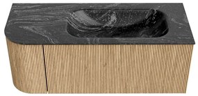 Mondiaz Kurve-dlux 115cm badmeubel ronding links oak met 1 lade en deur en wastafel big small kraangat rechts lava