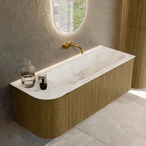 Mondiaz Kurve-dlux 125cm badmeubel ronding links dusk met 1 lade en deur en wastafel big medium rechts zonder kraangat frappe