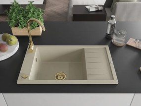 Mexen Elias granieten spoelbak met 1 kom en afdruiprek 795 x 480 mm, beige, gouden sifon - 6511791005-69-G