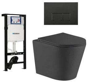 QeramiQ Dely Toiletset - 36.3x51.7cm - diepspoel - rimless - Geberit UP320 plieger inbouwreservoir - softclose toiletzitting - mat zwarte bedieningsplaat - rechtehoekige knoppen - zwart mat SW1026253/SW1381697/SW706193/SW1000768