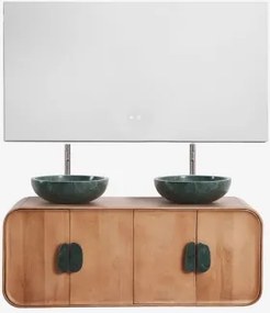 Dubbel Zwevend Badkamermeubelset 130x45 Cm Van Mangohout En Natuurlijke Kivalina-steen Udaipur Groen Marmer - Mangohout & 2 X Onde Groene Marmeren -
