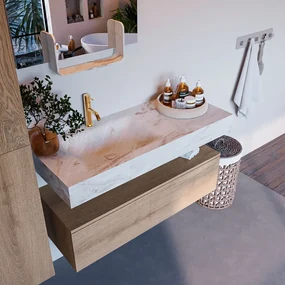 Mondiaz Alan DLux badmeubel 110cm washed oak 1 lade met wastafel frappe links 1 kraangat