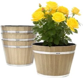VEVOR Bloempotten 300 x 210 mm, 4-pack whiskyvatplantenbakken met drainagegaten, kunststof wijnvatplantenbak voor binnen- en buitenplanten, tuin, huis, bruin