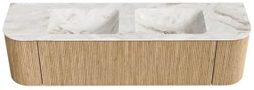 Mondiaz Kurve-dlux 170cm badmeubel ronding links/rechts oak met 1 lade en 2 deuren en wastafel leaf dubbel zonder kraangat frappe