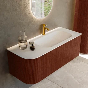 Mondiaz Kurve 115cm badmeubel ronding links ruby met 1 lade en deur en wastafel big small kraangat rechts