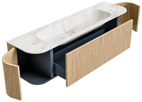 Mondiaz Kurve-dlux 170cm badmeubel ronding links/rechts oak met 1 lade en 2 deuren en wastafel big large midden 2 kraangaten frappe