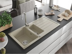 Mexen Andres granitische spoelbak 1,5-komoren met afdruiprek 1000 x 500 mm, beige, chroom sifon - 6515101510-69