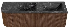 Mondiaz Kurve-dlux 145cm badmeubel ronding links walnut met 1 lade en deur en wastafel leaf dubbel/rechts zonder kraangat lava