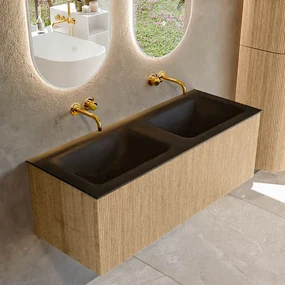 Mondiaz Kurve 120cm badmeubel oak met 1 lade en wastafel cloud dubbel zonder kraangat urban