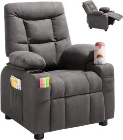 VEVOR Kinderfauteuil met bekerhouders en opbergvakken, 107° tot 126° verstelbare rugleuning, ademend polyesterweefsel, relaxfauteuil met voetenbankje, voor jongens en meisjes (grijs)