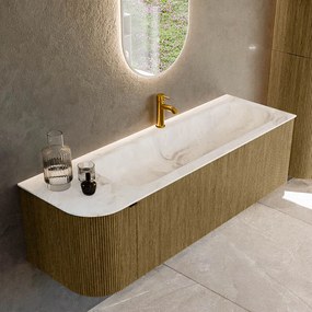 Mondiaz Kurve-dlux 145cm badmeubel ronding links dusk met 1 lade en deur en wastafel big large kraangat rechts frappe