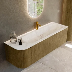 Mondiaz Kurve-dlux 145cm badmeubel ronding links dusk met 1 lade en deur en wastafel big large kraangat rechts frappe