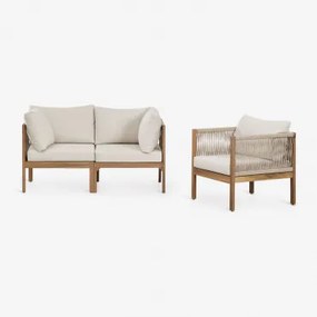 Woonkamerset Met 2-delige Modulaire Bank Met Armleuningen En Fauteuil Van Acaciahout Branson Gardenia Wit & Acacia Bruin - Sklum