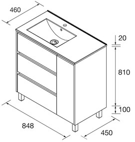 Muebles Project badmeubel 85cm met 3 lades links en wastafel warm eiken