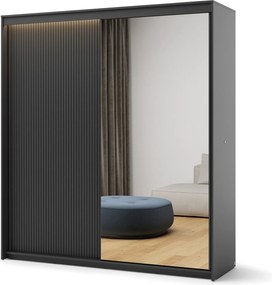 Kledingkast Fresno 166, Zwart, 222x200x63cm, 189 kg, Kledingkast deuren: Schuivend