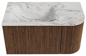 Mondiaz Kurve-dlux 85cm badmeubel ronding rechts walnut met 1 lade en deur en wastafel cloud links zonder kraangat glace