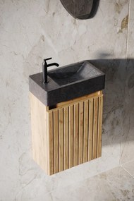 Fontana Recto toiletmeubel ribbelfront warm eiken 40x22cm met natuurstenen fontein links