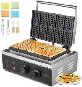 VEVOR Commercieel Wafelijzer 1550W Antiaanbak Wafelijzer van Roestvrij Staal met Temperatuur- en Tijdsregeling, Handvat, voor Restaurant, Bakkerij, Snackbar Familie 10 Rechthoekige Wafels