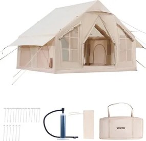 VEVOR Opblaasbare Kampeertent 3x3x2,3 m, 4-6 Personen, 300D Oxford 4-seizoenen glampingtent met handpomp, kachelaansluiting, 2 deuren en 4 gaasramen, incl. opbergtas voor transport