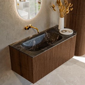 Mondiaz Kurve-dlux 105cm badmeubel ronding rechts walnut met 1 lade en deur en wastafel big small links zonder kraangat lava