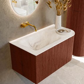 Mondiaz Kurve-dlux 85cm badmeubel ronding rechts ruby met 1 lade en deur en wastafel cloud links zonder kraangat frappe