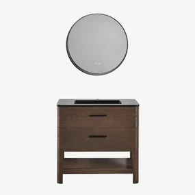 Badkamermeubelset In Hout Met Geïntegreerde Wastafel Misene Donker Hout & Round Led And Antifog Zwart Ø80 Cm Kimacs & Zonder Kraan - Sklum