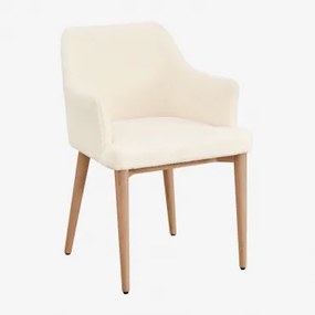 Eetkamerstoel Met Armleuningen In Banfil Shearling Natuurlijk Hout & Chenille White - Sklum
