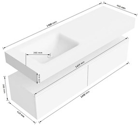 Zaro Alan badmeubel 140cm talc 2 lades met vrijhangende wastafel cloud links zonder kraangat urban