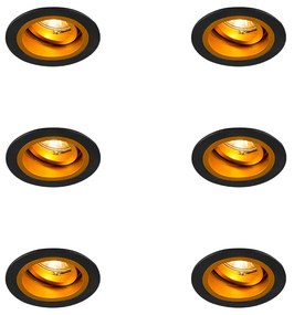 Set van 6 Inbouwspot rond zwart met goud draai- en kantelbaar - Chuck