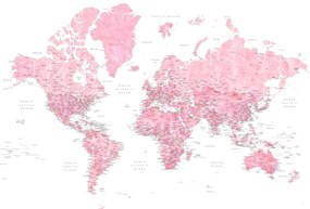 Kaart Detailed pink watercolor world map, Damla, Blursbyai, (40 x 26.7 cm)