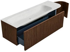 Mondiaz Kurve-dlux 145cm badmeubel ronding rechts walnut met 1 lade en deur en wastafel big large links 2 kraangaten opalo