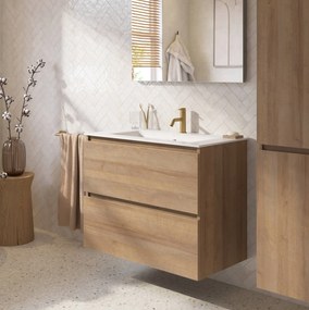 Saqu Terra badmeubel incl. glans witte keramische wastafel 80x46x66cm denver eiken