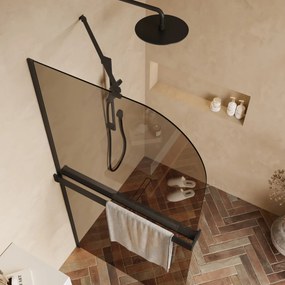 Saniclear Dawn afgeronde inloopdouche 90cm mat zwart met bronsglas en handdoekhouder