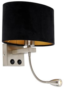 Wandlamp staal met ovale velours kap zwart 25cm - Brescia Combi