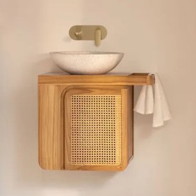 Georgy Zwevend Badkamermeubelset 60x40 Cm In Teakhout Teakhout & Rond Cement Wit Ø40 Cm Zavion & Spiegelloze & Geborsteld Goud Inbouw Met Aftapkraan Z