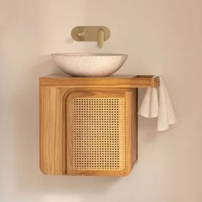 Georgy Zwevend Badkamermeubelset Van Teakhout Teakhout & Rond Cement Wit Ø40 Cm Zavion & Spiegelloze & Geborsteld Goud Inbouw Met Aftapkraan - Sklum