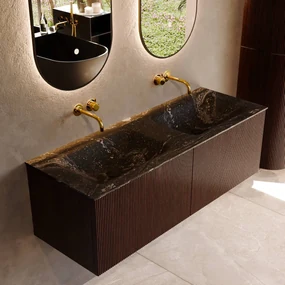 Mondiaz Kurve-dlux 130cm badmeubel ruby met 2 lades en wastafel leaf dubbel zonder kraangat lava