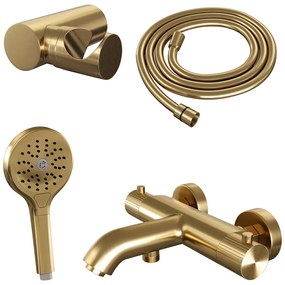 Brauer Stripe thermostatische badkraan met wandhouder en 3 standen handdouche messing geborsteld PVD