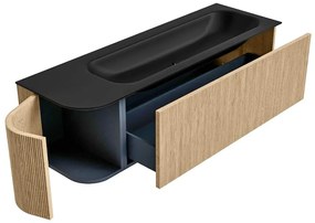 Mondiaz Kurve 145cm badmeubel ronding links oak met 1 lade en deur en wastafel big large kraangat rechts urban