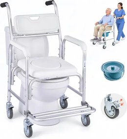VEVOR Nachttoiletstoel, draagvermogen 159 kg, verrijdbare toiletbril met gewatteerde zitting/rugleuning/opklapbare voetensteun, verwijderbare emmer van 5 liter, doucherolstoel voor senioren