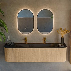 Mondiaz Kurve 170cm badmeubel ronding links/rechts oak met 1 lade en 2 deuren en wastafel big large midden 2 kraangaten urban