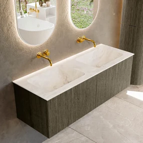 Mondiaz Kurve-dlux 130cm badmeubel shadow met 2 lades en wastafel leaf dubbel zonder kraangat frappe